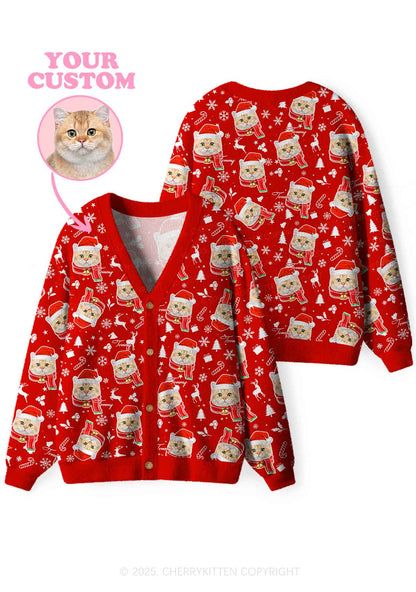 Custom Candy Cat Face Y2K Christmas Cardigan Knit Sweatshirt Cherrykitten