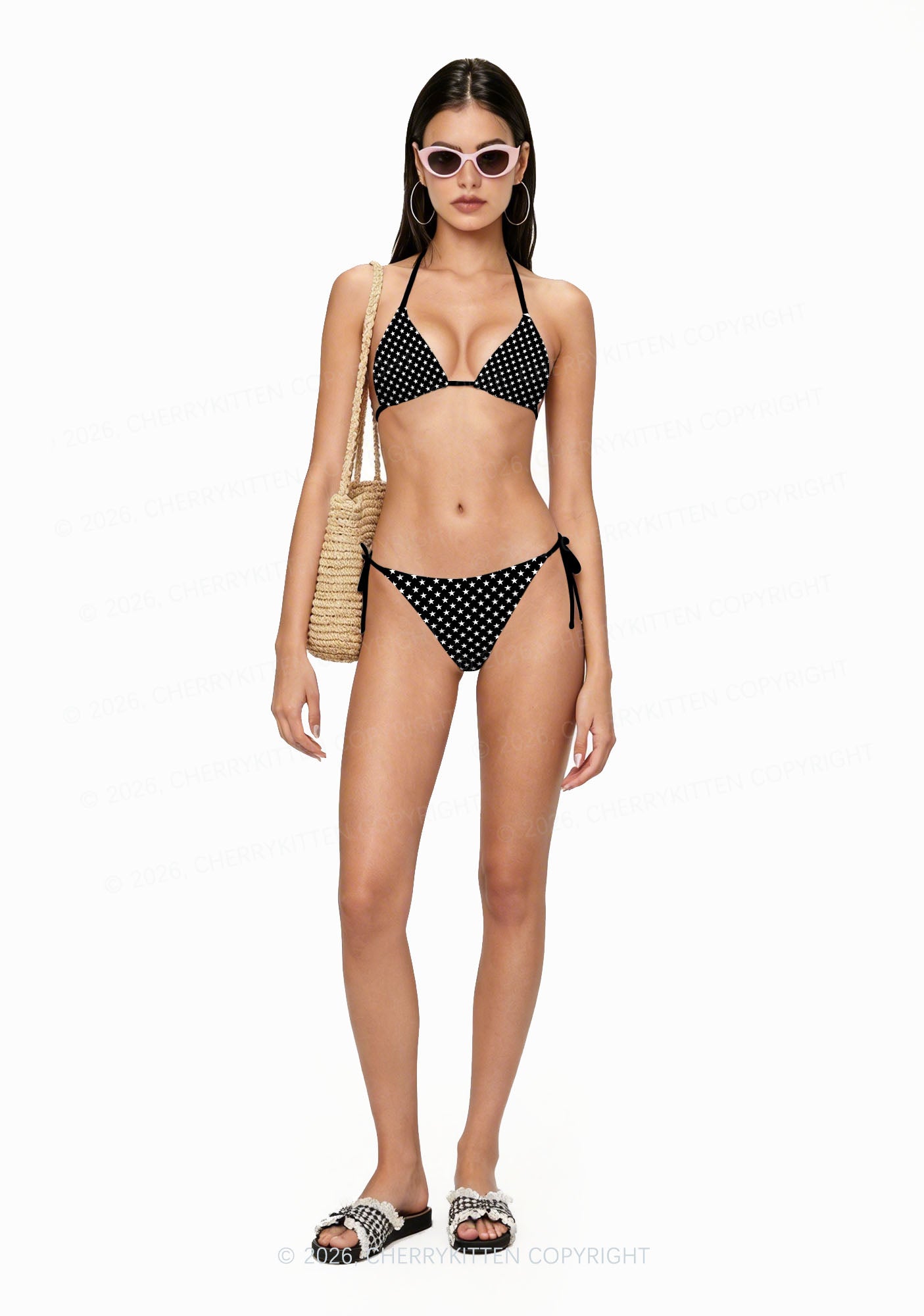 White Star On Black Y2K Print Bikini Set Cherrykitten