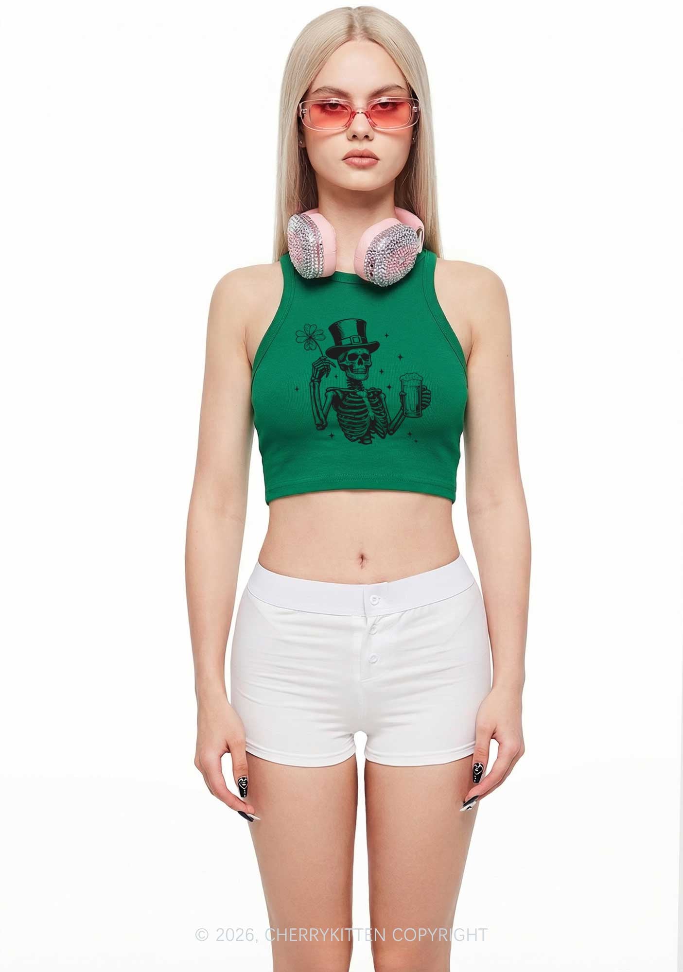 Green Skeleton St Patricks Y2K Crop Tank Top Cherrykitten