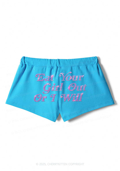 Rhinestone Eat Your Girl Out Y2K Drawstring Mini Shorts Cherrykitten