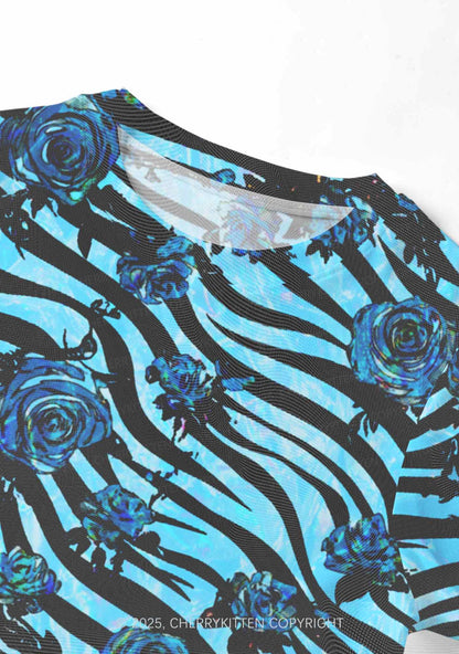 Blue Zebra Roses Y2K Mesh Crop Top Cherrykitten