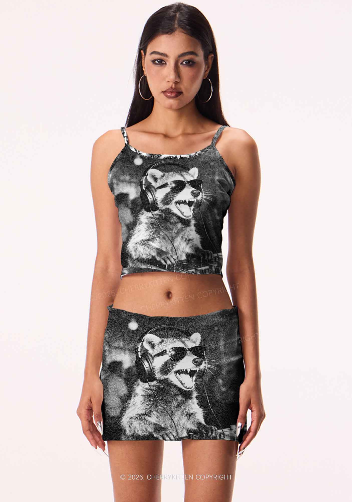DJ Raccoon Turntable Y2K Print Cami Crop Top Cherrykitten
