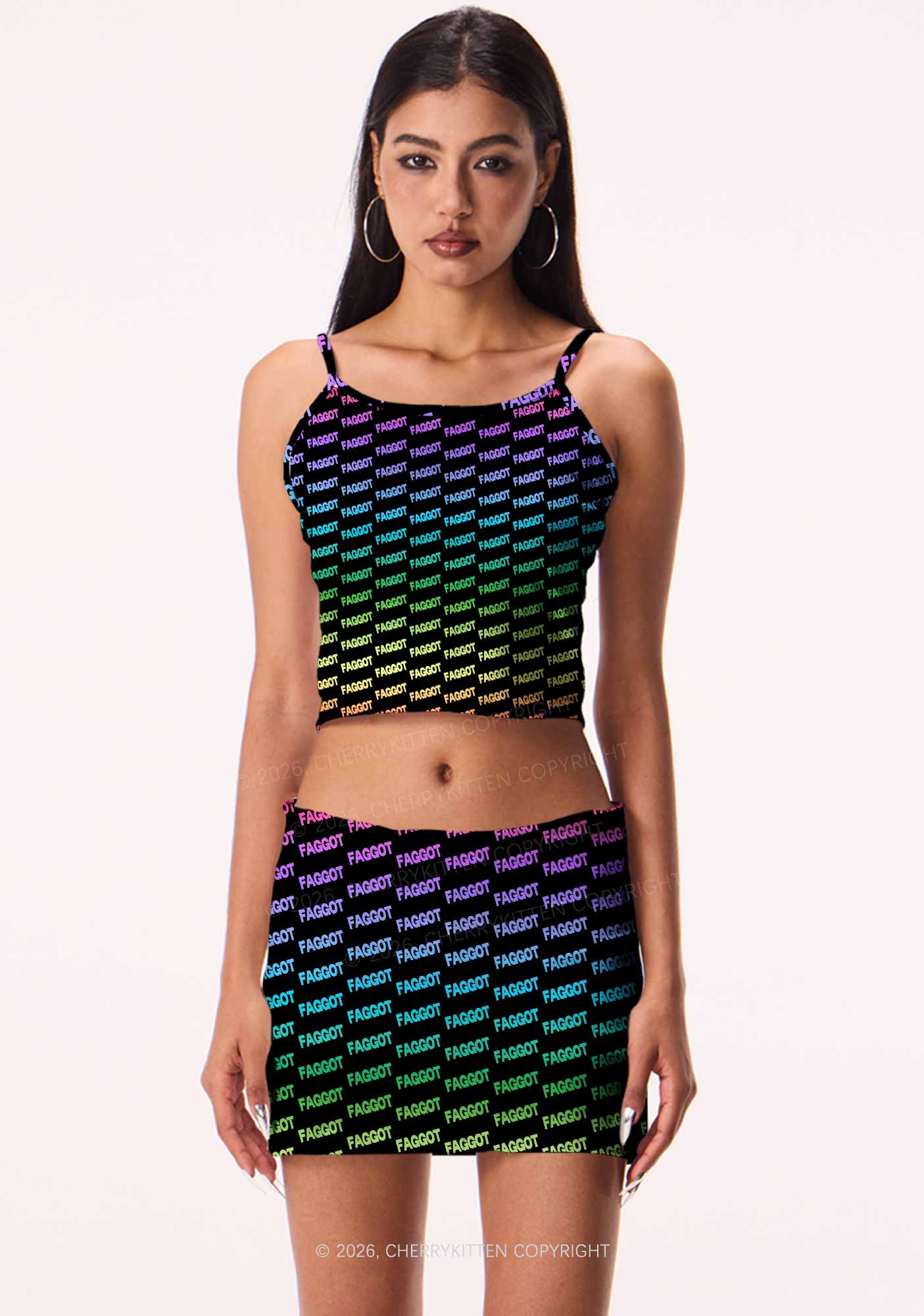 Neon Rainbow Faggot Pride Y2K Print Cami Crop Top Cherrykitten