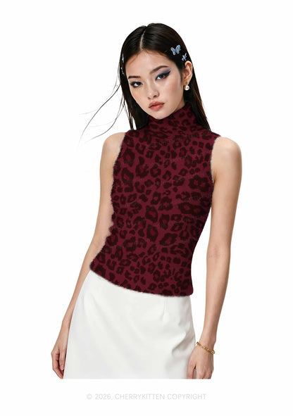 Wine Red Leopard Y2K Knit Turtleneck Tank Top Cherrykitten