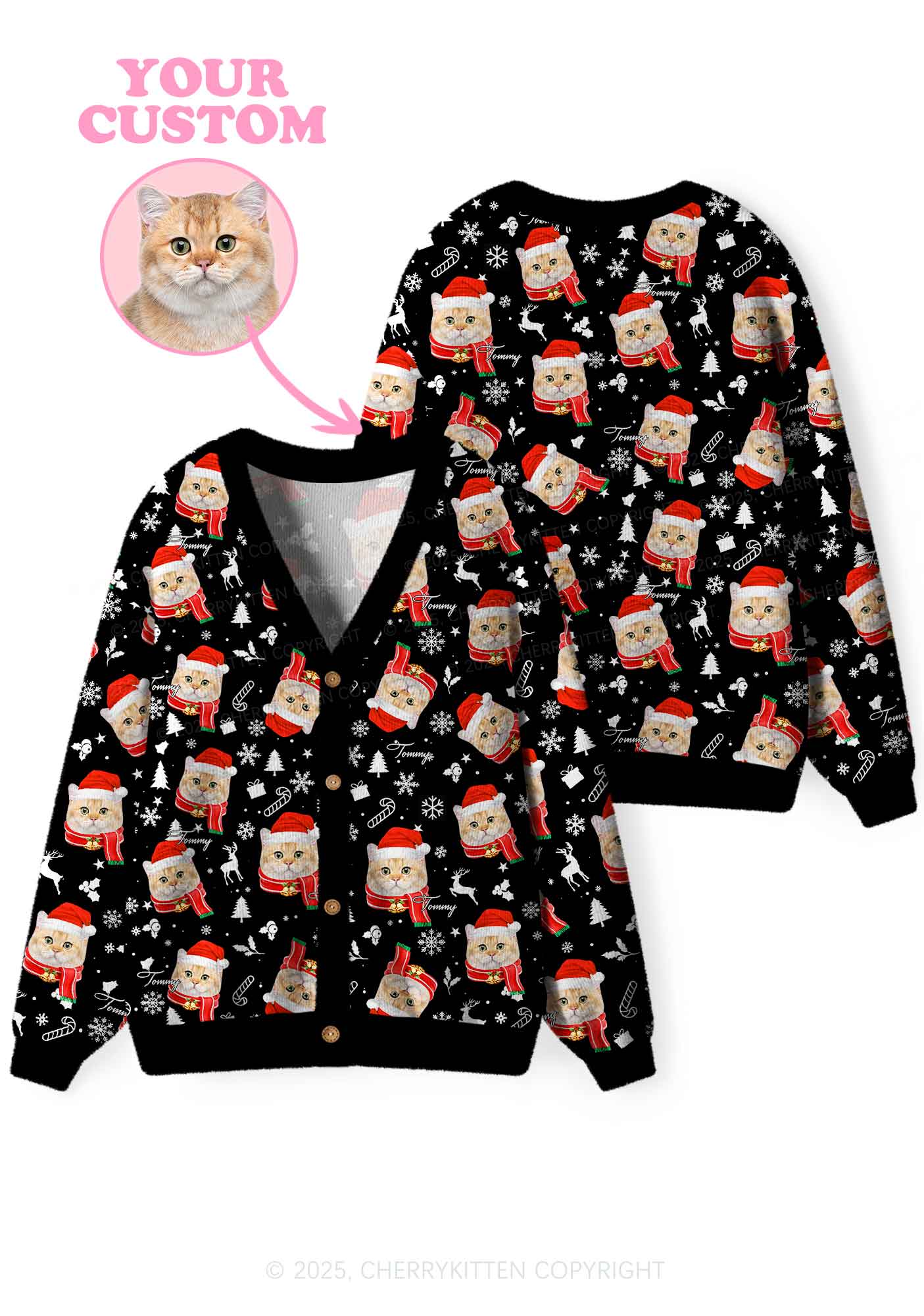 Custom Cat Face Y2K Christmas Cardigan Knit Sweatshirt Cherrykitten