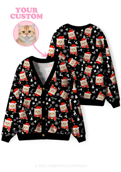 Custom Cat Face Y2K Christmas Cardigan Knit Sweatshirt Cherrykitten