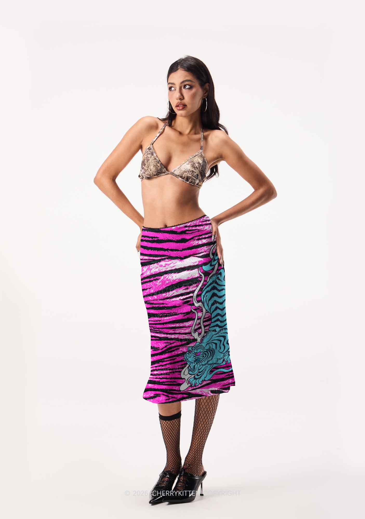 Blue Tiger Pink Zebra Stripe Y2K Print Midi Skirt Cherrykitten