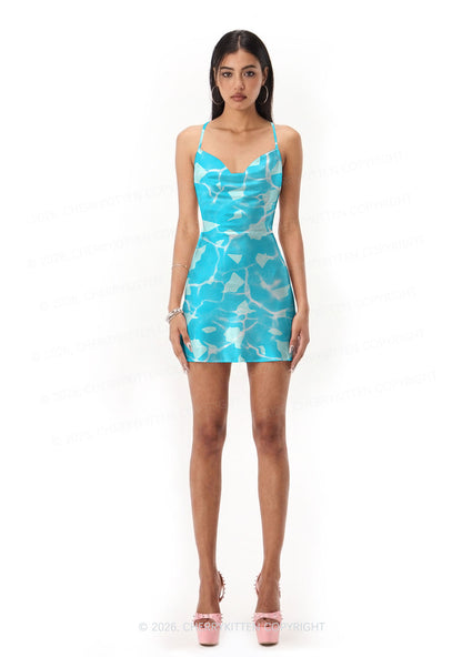 Turquoise Water Ripple Y2K Print Satin Cowl Neck Slip Dress Cherrykitten