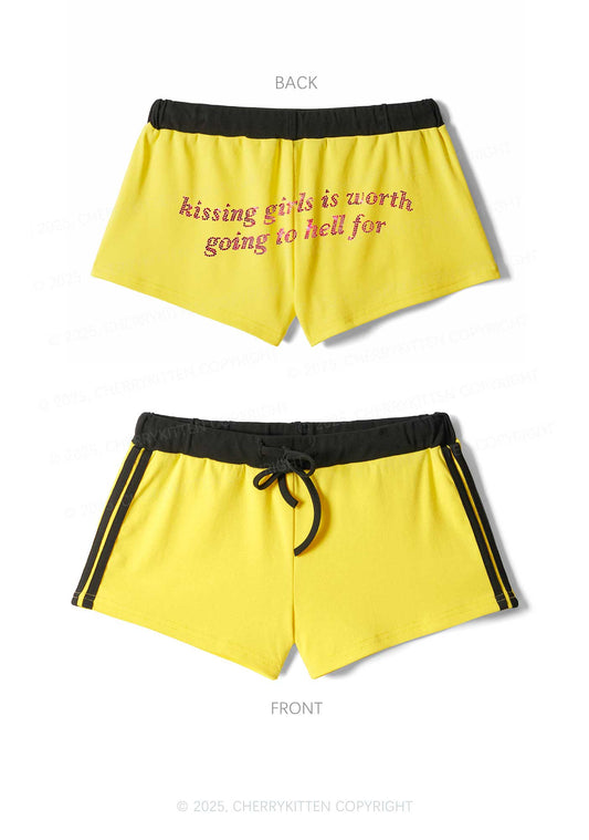 Rhinestone Kissing Girls is Worth Pride Y2K Drawstring Mini Shorts Cherrykitten