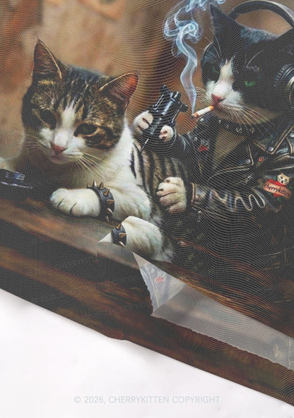 Smoking Cats Tattoo Scene Y2K Mesh Crop Top Cherrykitten
