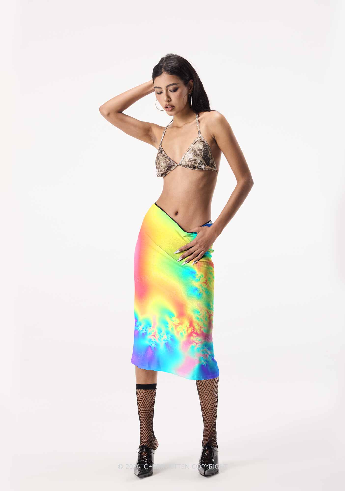 Rainbow Thermal Pride Y2K Print Midi Skirt Cherrykitten