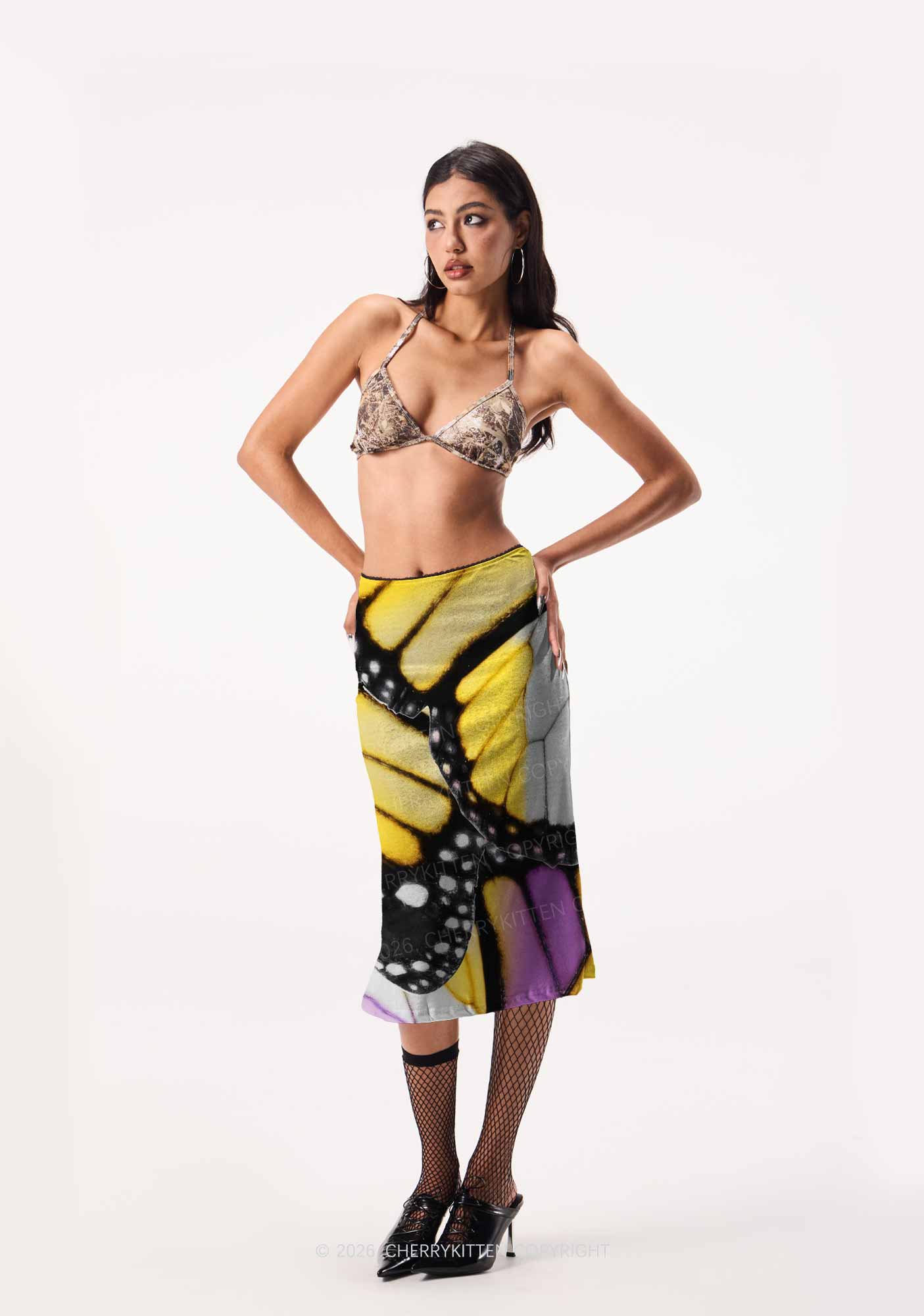 Nonbinary Butterfly Wing Pride Y2K Print Midi Skirt Cherrykitten