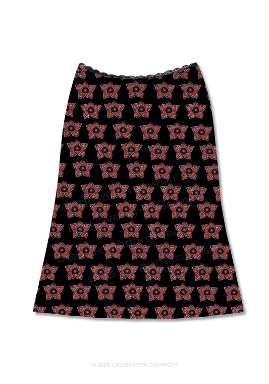 Flower Monster Y2K Print Midi Skirt Cherrykitten
