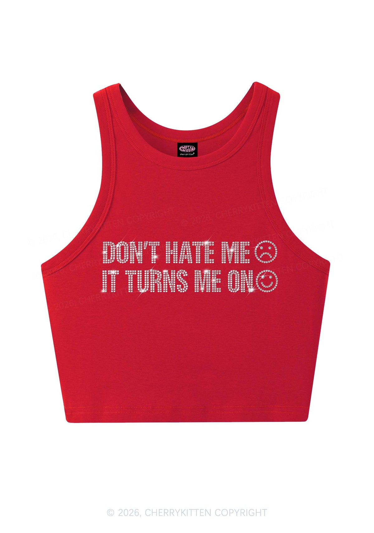 Rhinestone Dont Hate Me Y2K Crop Tank Top Cherrykitten