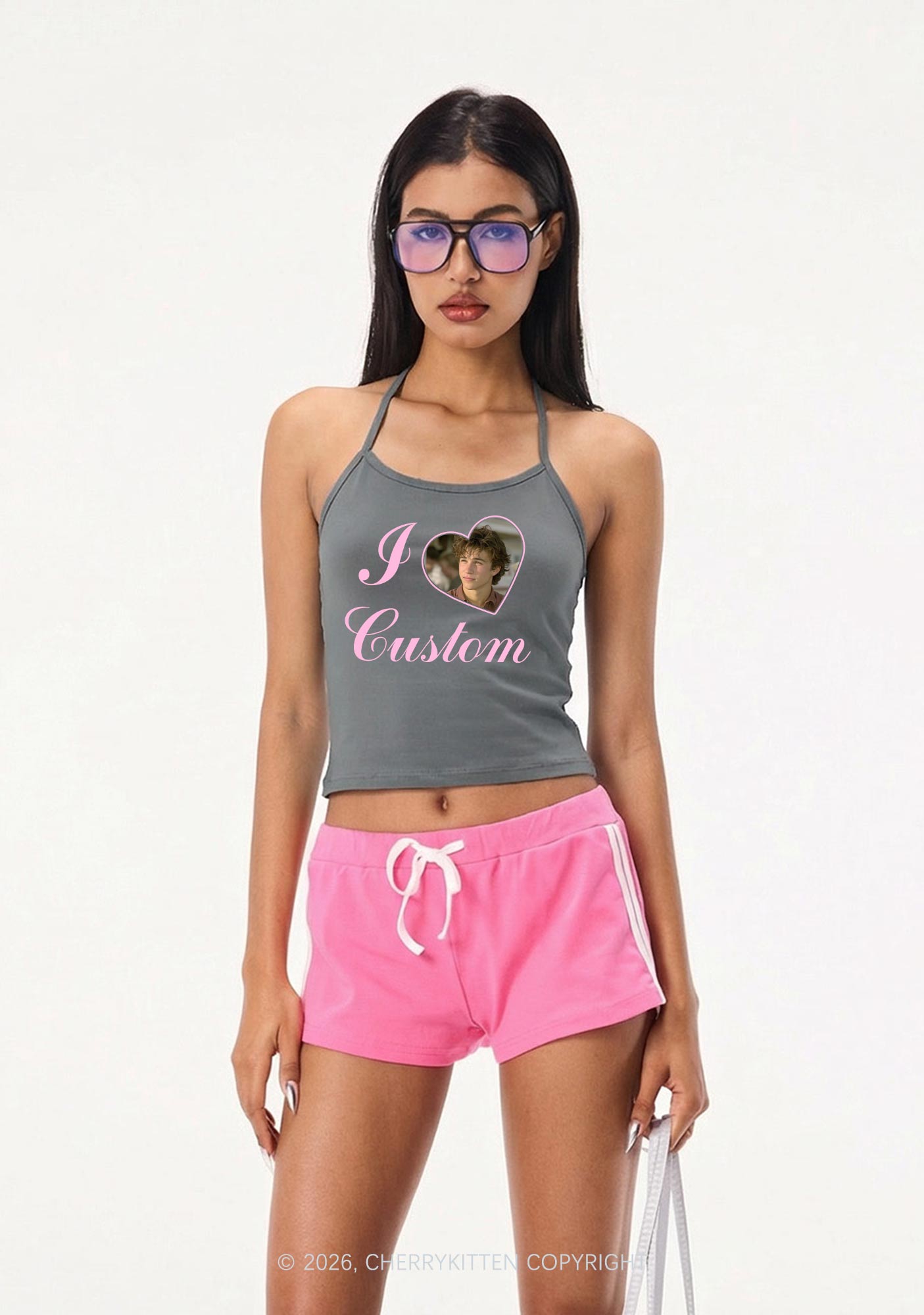 I Love Custom Photo Valentine's Day Y2K Halter Neck Cami Cherrykitten