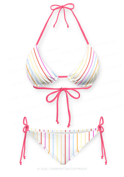 Rainbow Stripe On White Y2K Print Bikini Set Cherrykitten