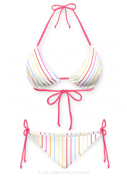 Rainbow Stripe On White Y2K Print Bikini Set Cherrykitten