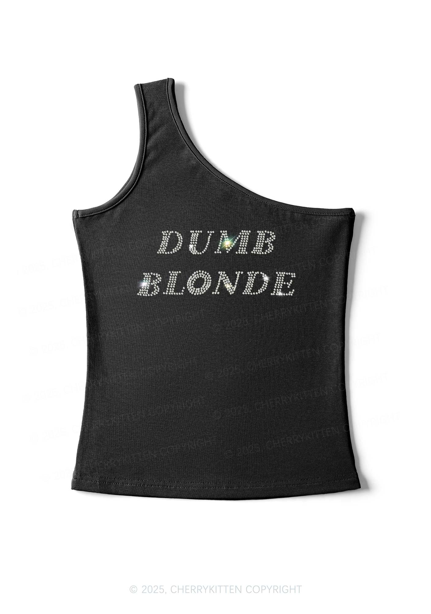 Rhinestone Dumb Blonde Y2K One Shoulder Tank Top Cherrykitten