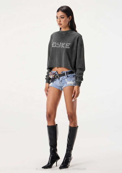 Rhinestone Dyke Pride Y2K Crop Washed Sweatshirts Cherrykitten