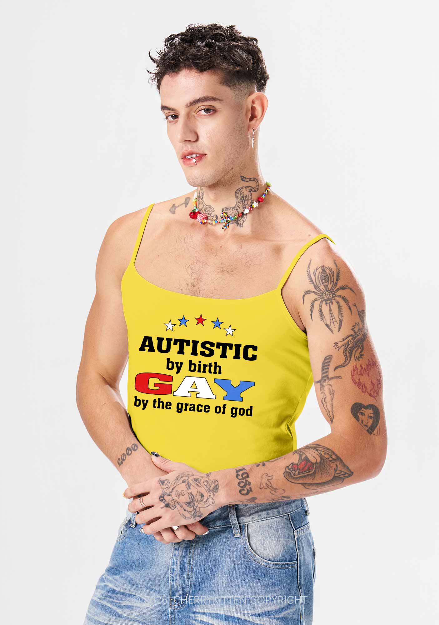 Autistic By Birth Gay Pride Y2K Spaghetti Strap Cami Cherrykitten