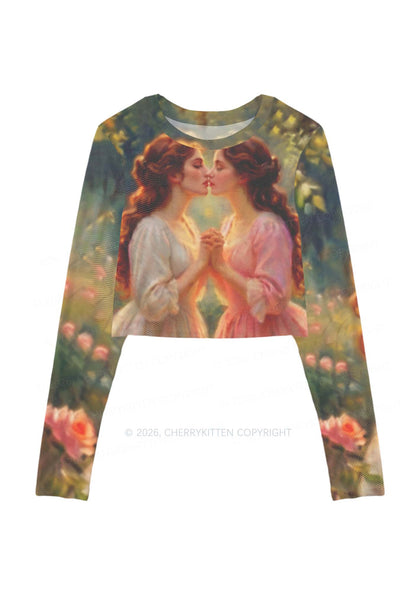 Girls Holding Hands Kissing Pride Y2K Mesh Long Sleeve Crop Top Cherrykitten
