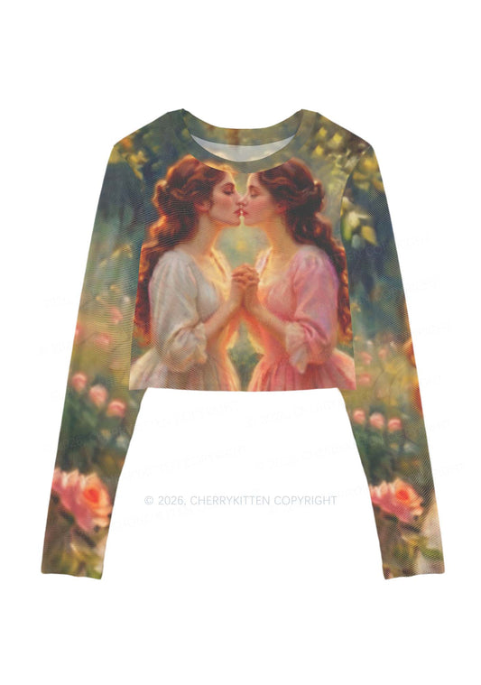 Girls Holding Hands Kissing Pride Y2K Mesh Long Sleeve Crop Top Cherrykitten