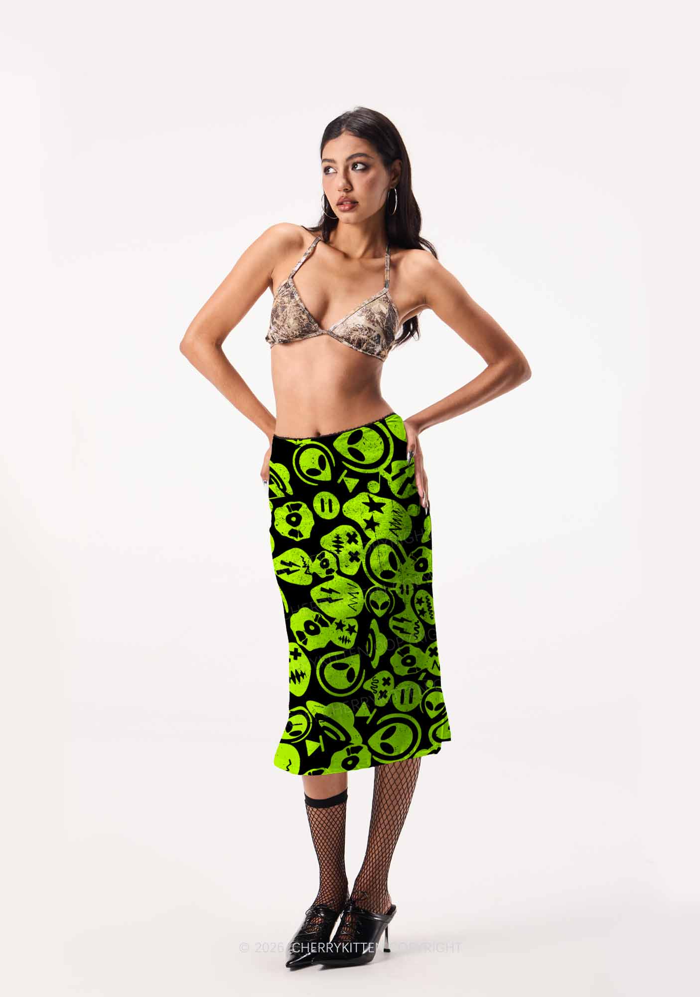 Green Alien Doodle Y2K Print Midi Skirt Cherrykitten