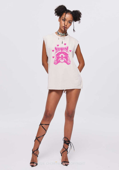 Pink Raccoon Heart Valentine's Day Y2K Washed Muscle Tank Cherrykitten
