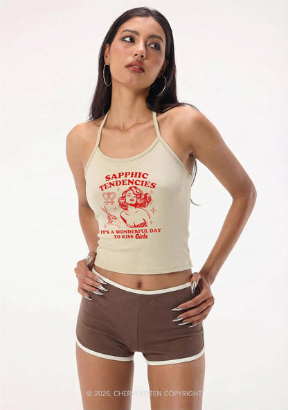 Sapphic Tendencies Kiss Girls Pride Y2K Halter Neck Cami Cherrykitten
