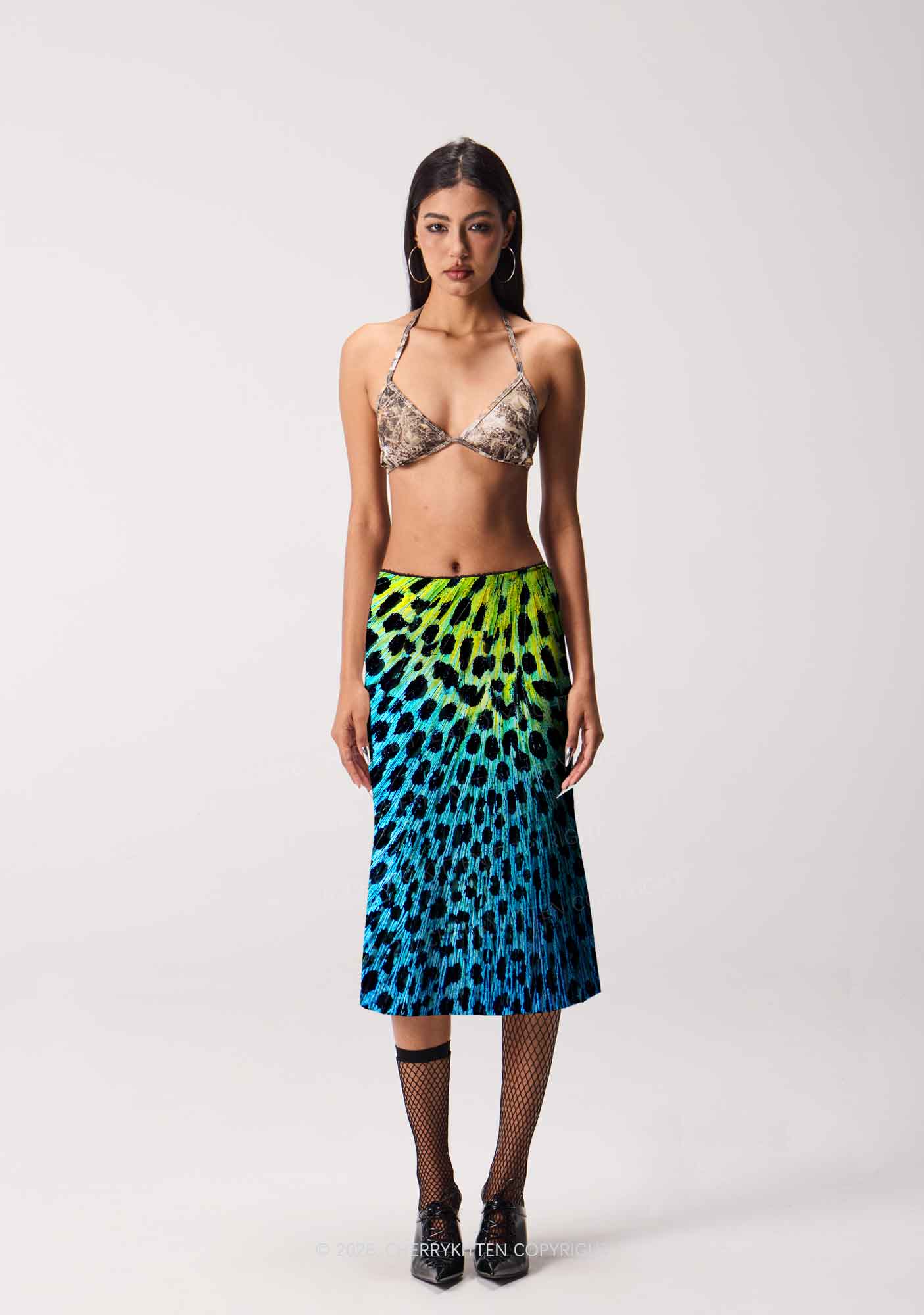 Peacock Feather Texture Y2K Print Midi Skirt Cherrykitten