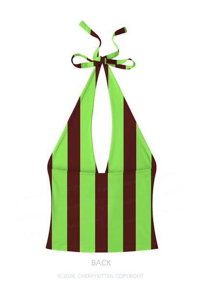 Green Brown Stripes Y2K Print Halter Deep V Neck Cami Cherrykitten