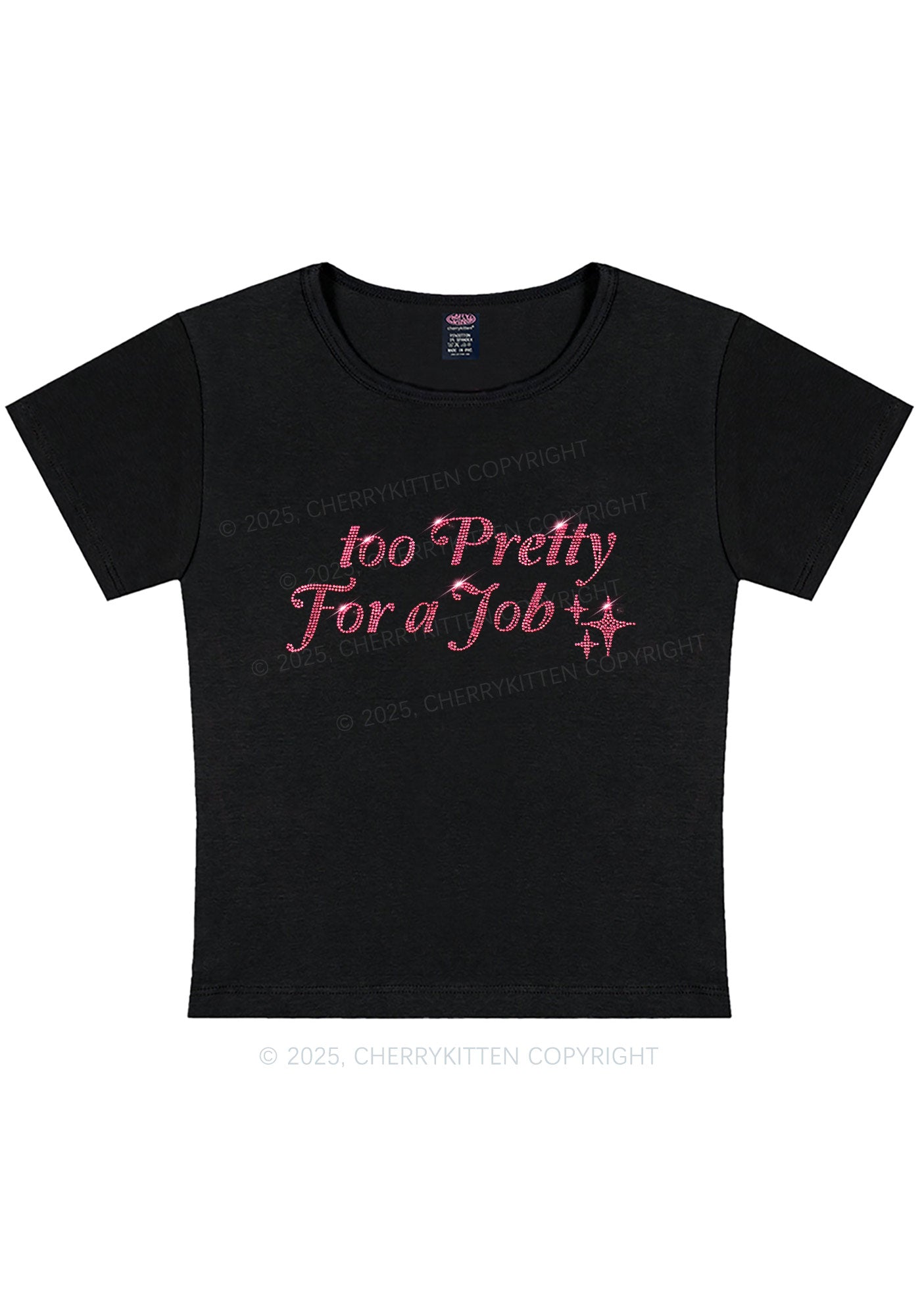 Rhinestone Too Pretty For Job Y2K Baby Tee Cherrykitten