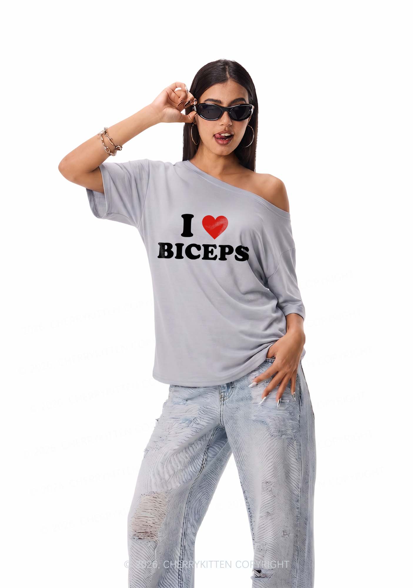I Love Biceps Y2K Off Shoulder Tee Cherrykitten