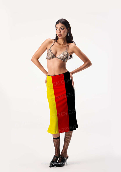 Black Red Yellow Stripe Y2K Print Midi Skirt Cherrykitten