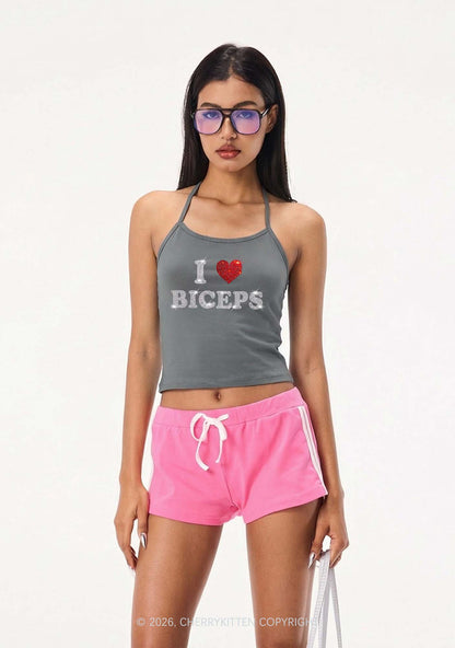 Rhinestone I Love Biceps Y2K Halter Neck Cami Cherrykitten