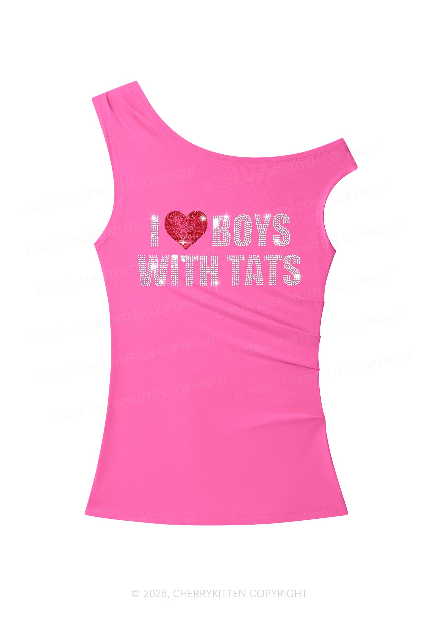 Rhinestone I Love Boys With Tats Y2K Off Shoulder Tank Top Cherrykitten