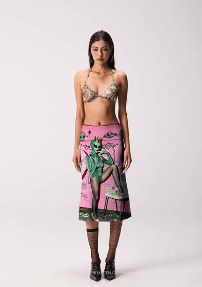 Alien Angel Graffiti Wall Y2K Print Midi Skirt Cherrykitten