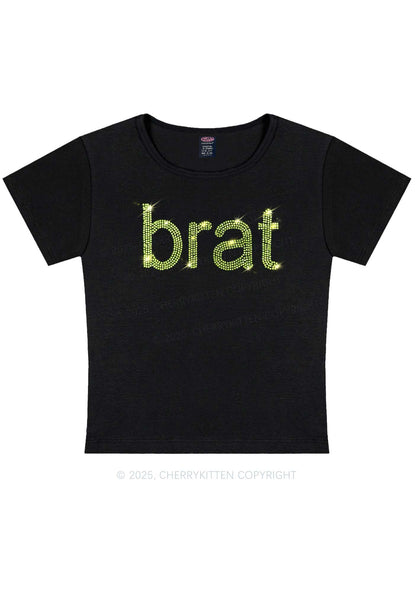 Rhinestone Green Brat Y2K Baby Tee Cherrykitten