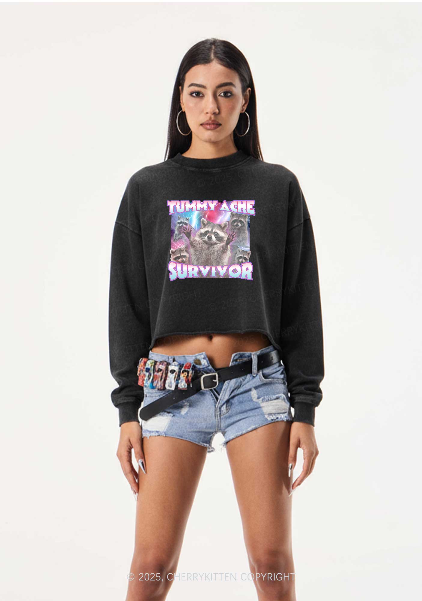 Tummy Ache Survivor Raccoon Y2K Crop Washed Sweatshirts Cherrykitten