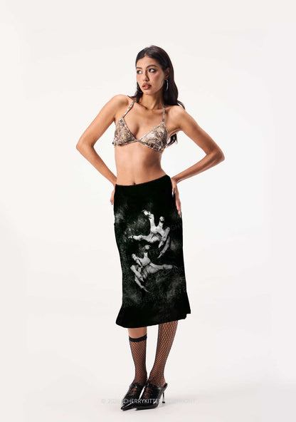 Halloween Black Demon Claws Y2K Print Midi Skirt Cherrykitten