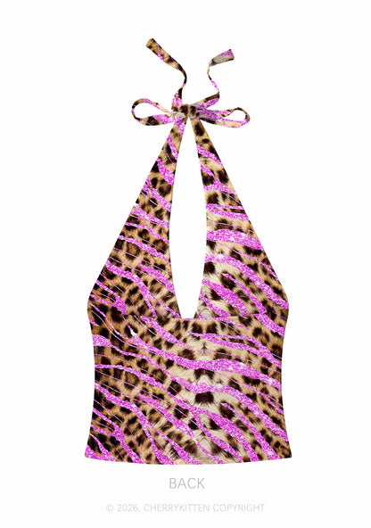 Sparkle Pink Leopard Y2K Print Halter Deep V Neck Cami Cherrykitten