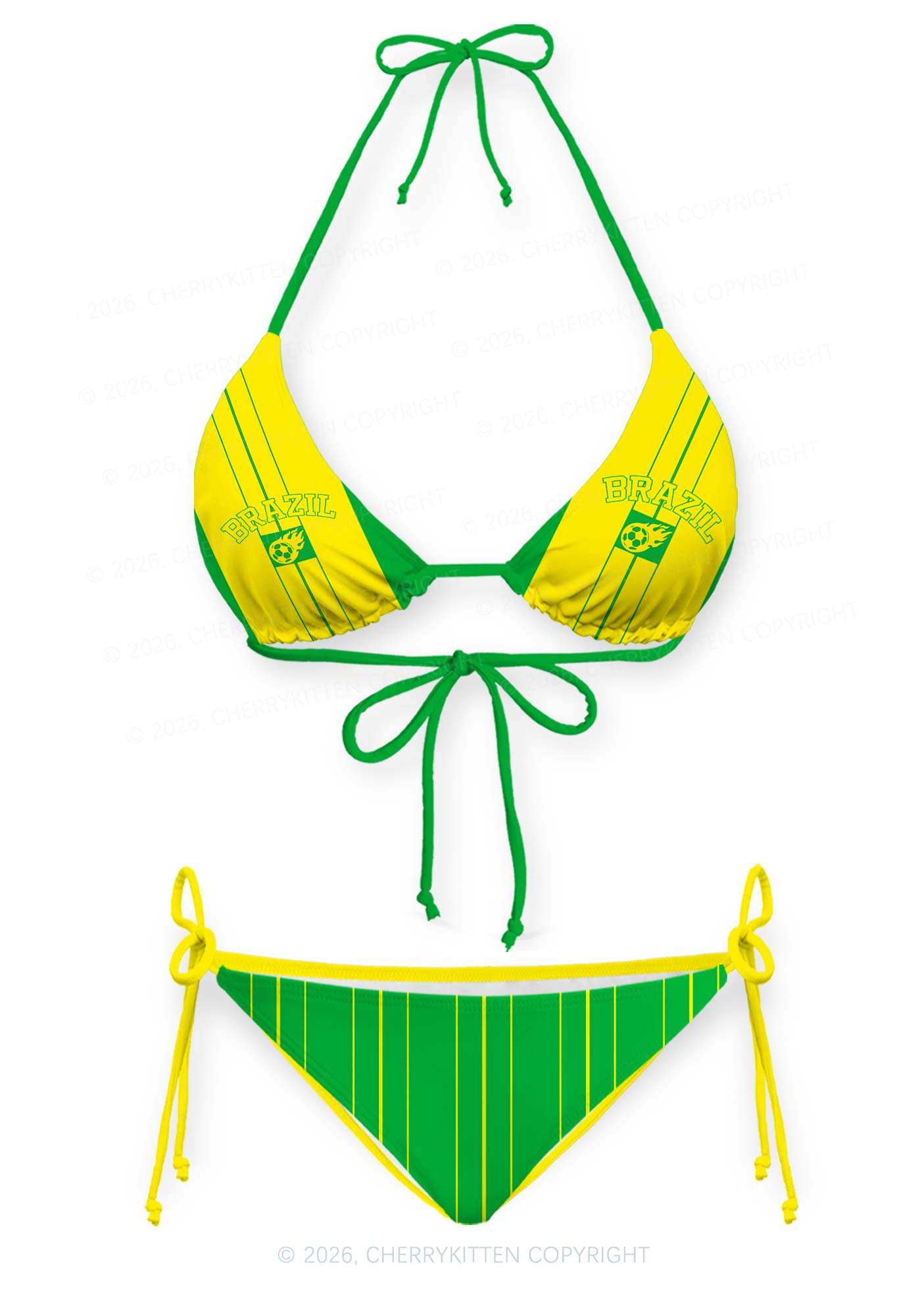 Green Yellow Vertical Stripe Y2K Print Bikini Set Cherrykitten