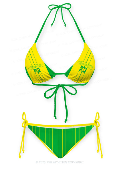 Green Yellow Vertical Stripe Y2K Print Bikini Set Cherrykitten