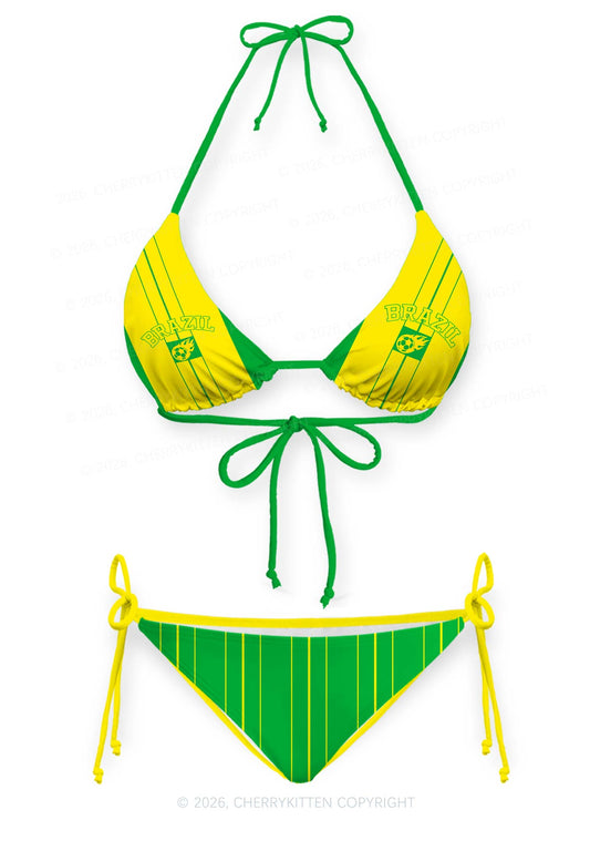 Green Yellow Vertical Stripe Y2K Print Bikini Set Cherrykitten