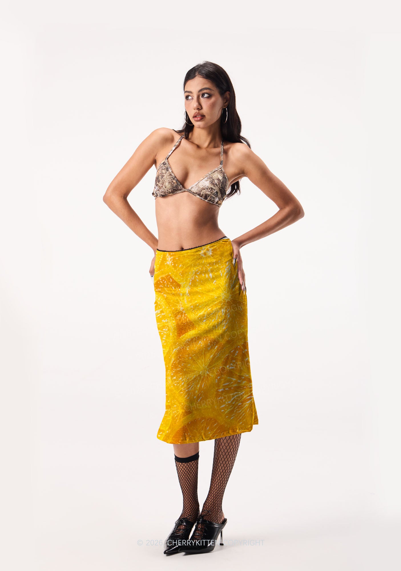 Orange Slice Y2K Print Midi Skirt Cherrykitten
