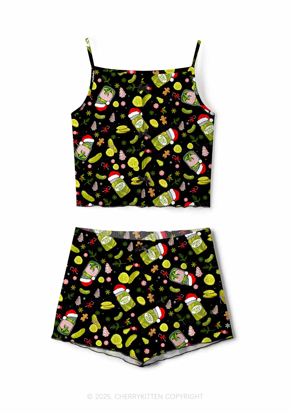 Christmas Black Santa Hat Pickle Y2K Print Cami Shorts Pajama Set Cherrykitten