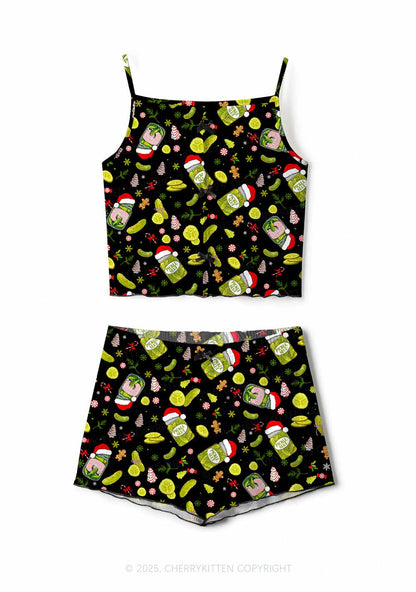 Christmas Black Santa Hat Pickle Y2K Print Cami Shorts Pajama Set Cherrykitten