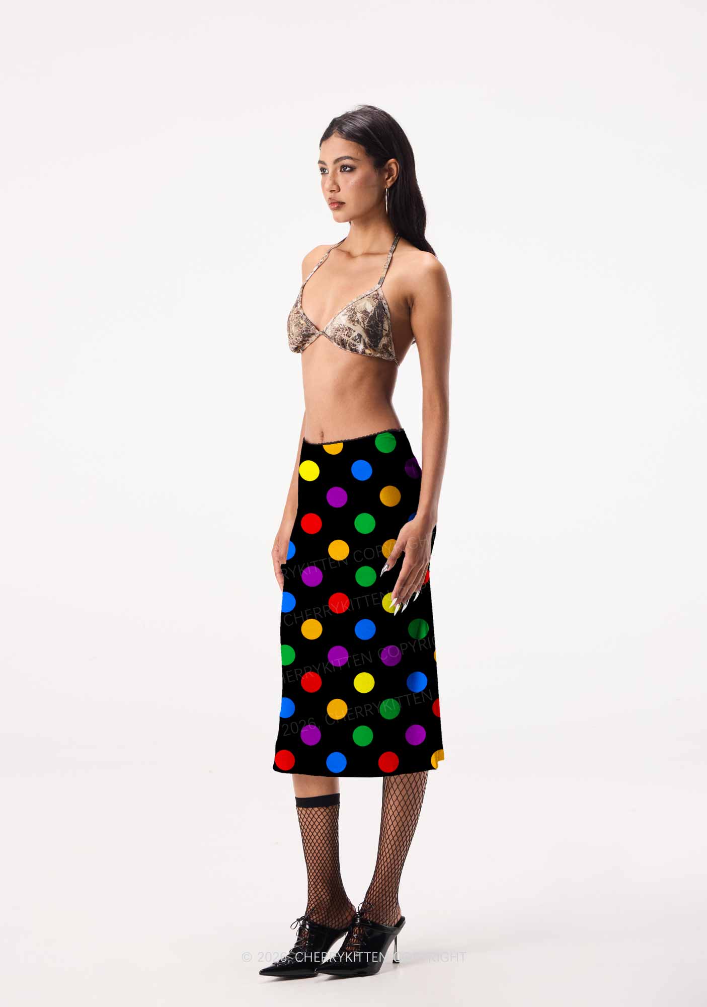 Rainbow Dots On Black Pride Y2K Print Midi Skirt Cherrykitten