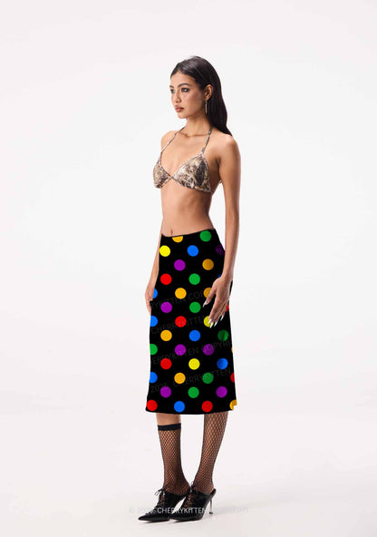 Rainbow Dots On Black Pride Y2K Print Midi Skirt Cherrykitten