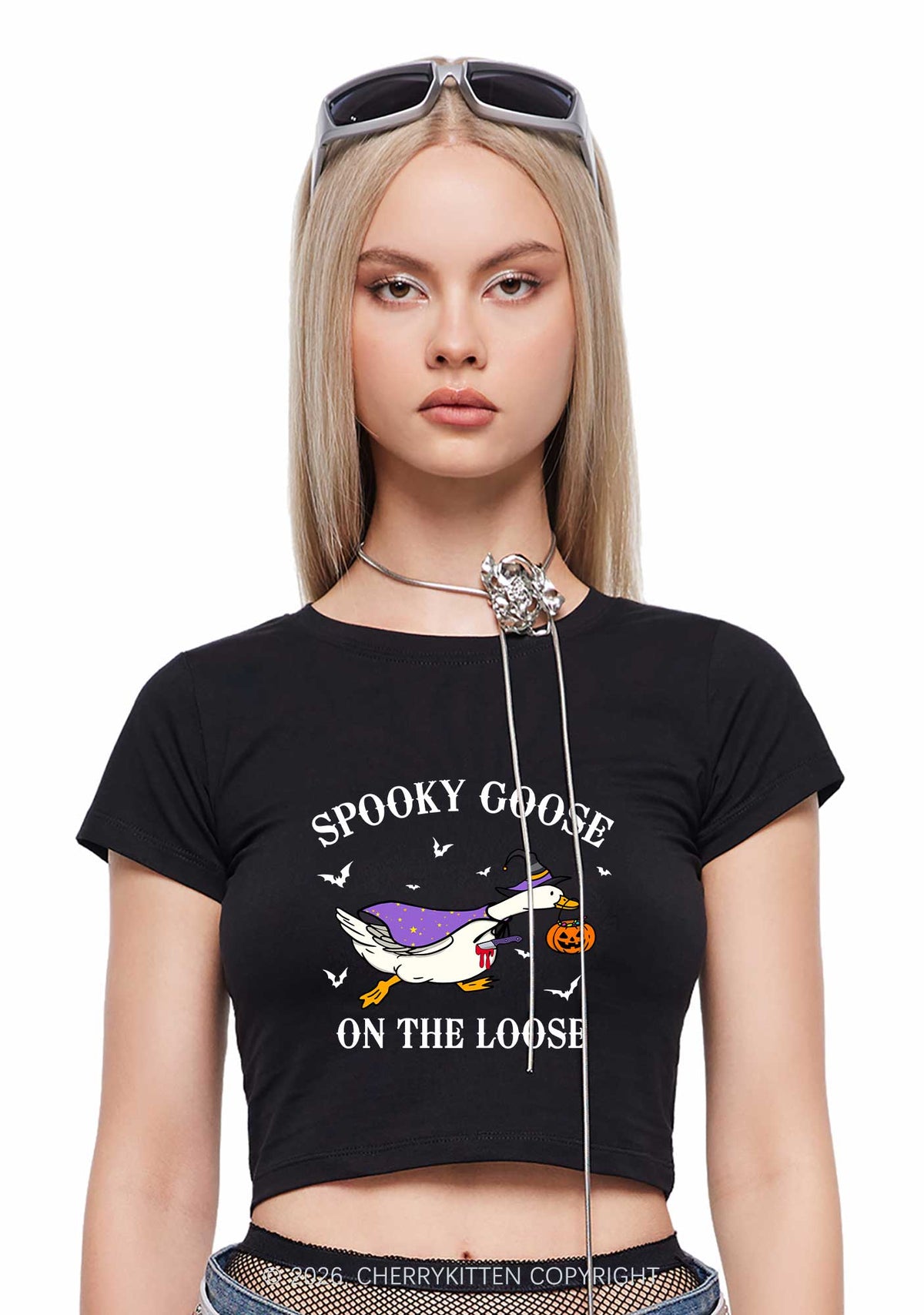 Halloween Spooky Goose On Loose Y2K Baby Tee Cherrykitten